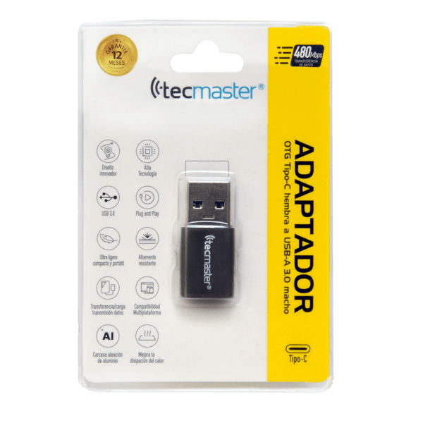 Adaptador OTG Tipo-C a USB-A-3.0 Macho Tecmaster – Aleación de Aluminio - Imagen 4