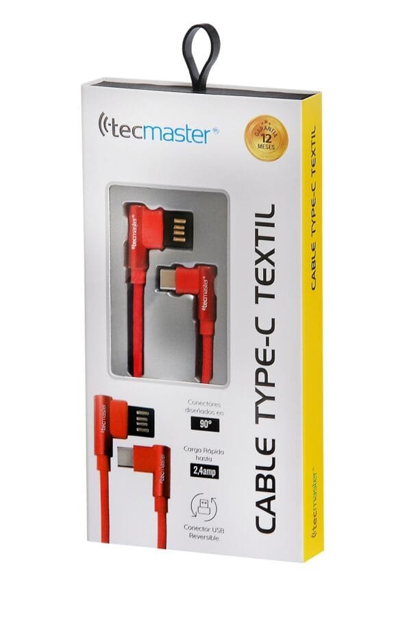 Type C Cable 1 Mts Reversible 90° Braided Red Tecmaster - Imagen 3