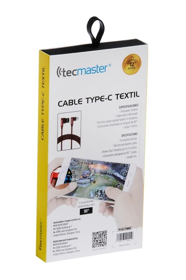 Type C Cable 1 Mts Reversible 90° Braided Red Tecmaster - Imagen 4