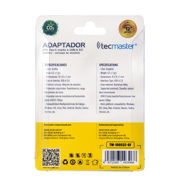 Adaptador OTG Tipo-C a USB-A-3.0 Hembra - Aleación de Aluminio Tecmaster - Imagen 4