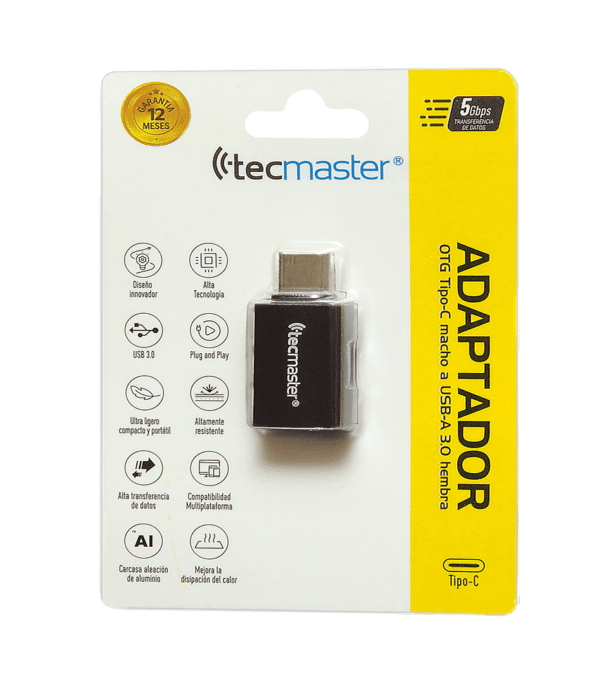 Adaptador OTG Tipo-C a USB-A-3.0 Hembra - Aleación de Aluminio Tecmaster - Imagen 3