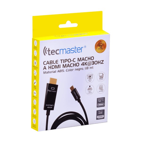 Cable 1.8 Mtrs Type C Macho a HDMI Macho 4K, Negro Tecmaster - Imagen 4