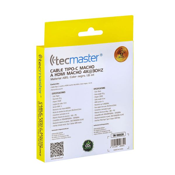 Cable 1.8 Mtrs Type C Macho a HDMI Macho 4K, Negro Tecmaster - Imagen 5