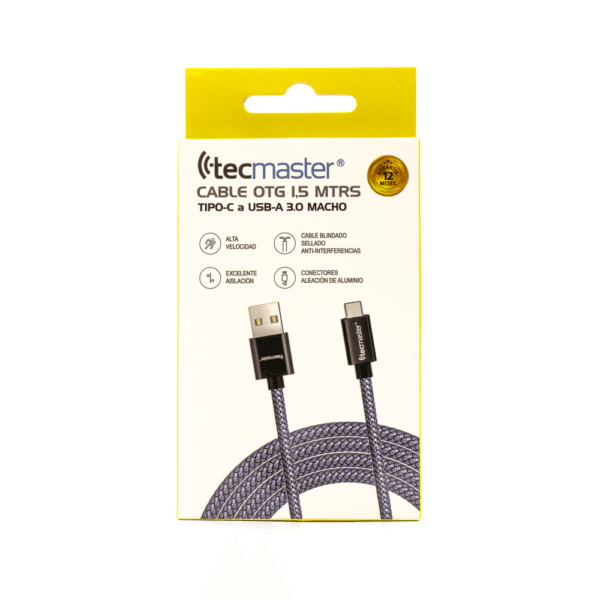 Cable OTG 1.5 Mtrs, Braided Reforzado Bicolor Tipo-C a USB-A 3.0 -Macho Tecmaster - Imagen 3