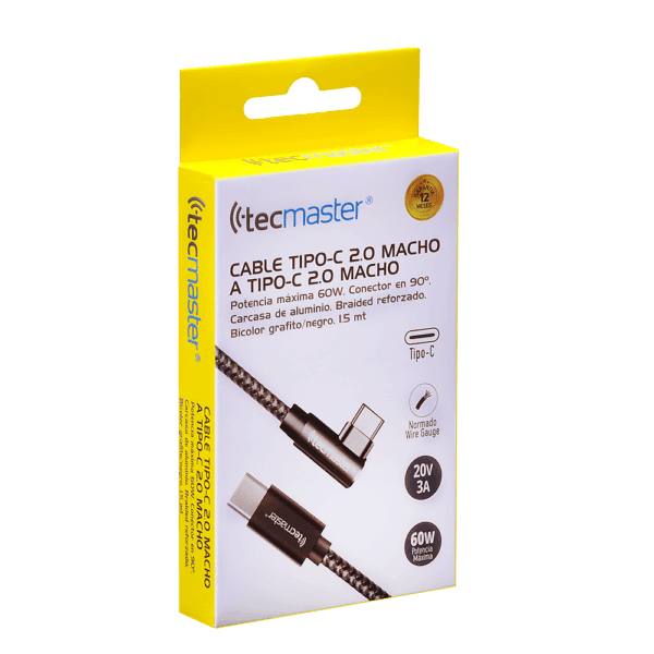 Cable 1.5 Mtrs Type-C 2.0 a Type-C 2.0 – Braided Reforzado-60W-Conector 90°, Grafito/Negro - Tecmaster - Imagen 3