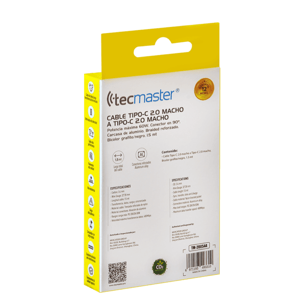 Cable 1.5 Mtrs Type-C 2.0 a Type-C 2.0 – Braided Reforzado-60W-Conector 90°, Grafito/Negro - Tecmaster - Imagen 4