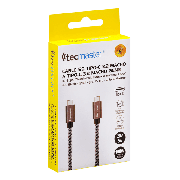 Cable Type-C 3.2 a Type-C 3.2 1.5 Mtrs Nylon Braided Reforzado  -10Gps-100W-4K, Gris/Negro Tecmaster - Imagen 4