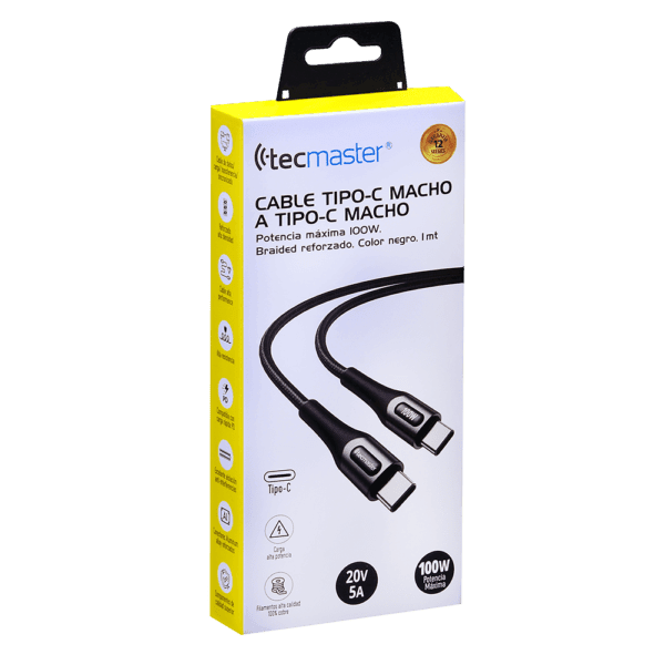 Cable Type-C a Type-C 1Mtr, Braided Reforzado 100W-20V/5A, Negro Tecmaster - Imagen 4