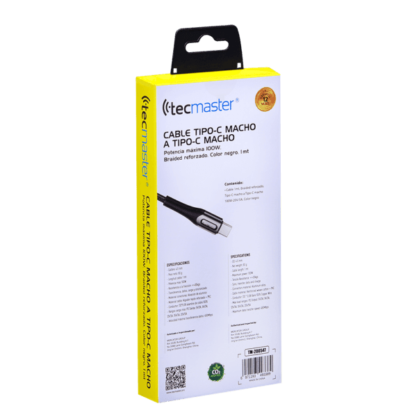 Cable Type-C a Type-C 1Mtr, Braided Reforzado 100W-20V/5A, Negro Tecmaster - Imagen 5