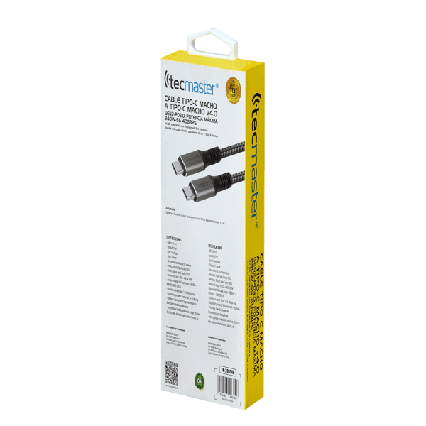 CABLE TECMASTER BRAIDED REFORZADO Super Speed, 1,2 Mts, TIPO-C a TIPO-C 240W -V4.0, 4K-8K, Color Gris/Negro - Imagen 5