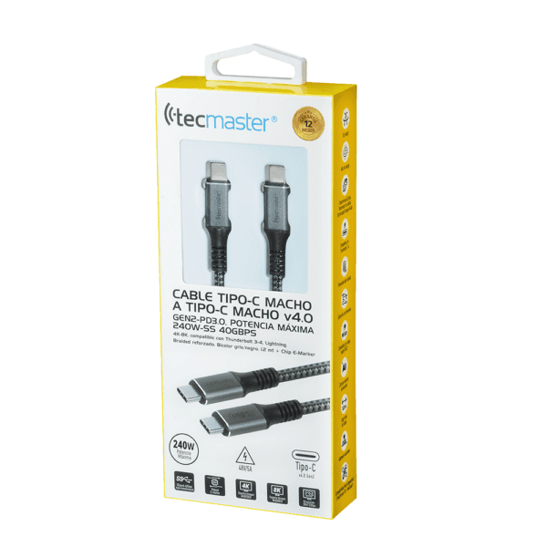 CABLE TECMASTER BRAIDED REFORZADO Super Speed, 1,2 Mts, TIPO-C a TIPO-C 240W -V4.0, 4K-8K, Color Gris/Negro - Imagen 4