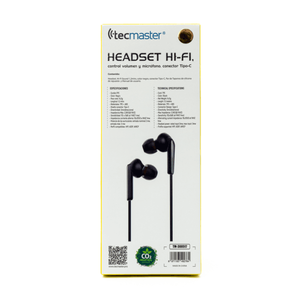 AUDÍFONOS TECMASTER HEADSET STEREO MICRÓFONO Y CONTROL LLAMADAS – CONECTOR TIPO C-1,2 mts. - Imagen 5