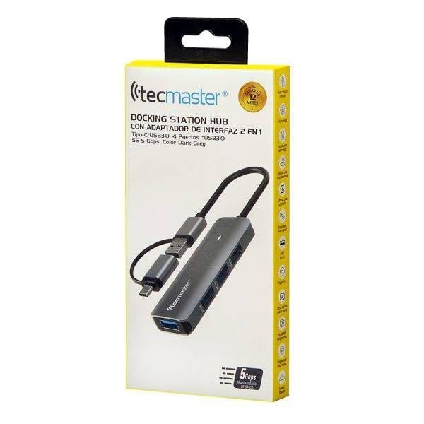 Docking station hub con adaptador de interfaz 2 en 1, tipo-c/usb, 4 puertos *usb3.0, gris - Tecmaster - Imagen 4