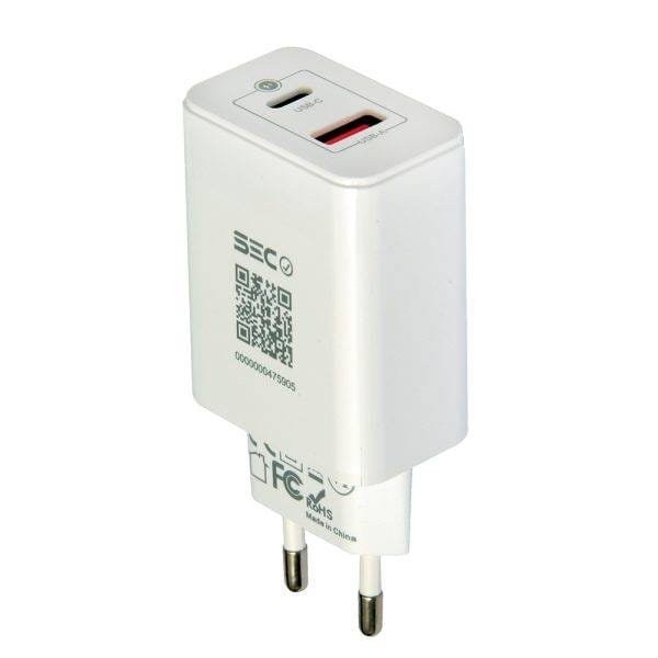 Cargador de pared, fast charging 2 puertos, 1pd3.0 + 1qc3.0 – 45w, blanco - Tecmaster