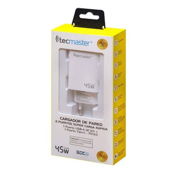 TECMASTER CARGADOR DE PARED, FAST CHARGING 2 PUERTOS, 1PD3.0 + 1QC3.0 – 45W, BLANCO - Imagen 3