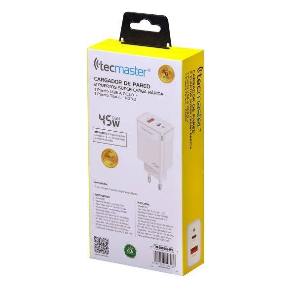 TECMASTER CARGADOR DE PARED, FAST CHARGING 2 PUERTOS, 1PD3.0 + 1QC3.0 – 45W, BLANCO - Imagen 4