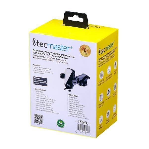 Car holder wireless 15w-máx -compatible con magsafe, negro + cable de carga - tecmaster - Imagen 4