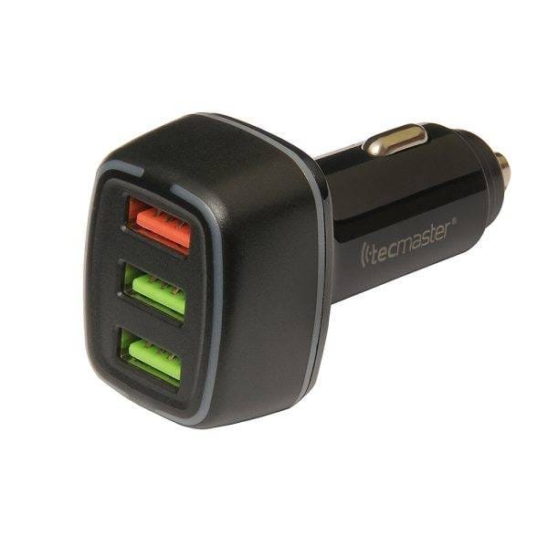 Cargador de auto 3 puertos q.c usb-a, 1 puerto qc3.0 + 2 puertos 2.4a, 30w, negro marca tecmaster