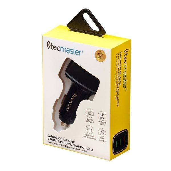 Cargador de auto 3 puertos q.c usb-a, 1 puerto qc3.0 + 2 puertos 2.4a, 30w, negro marca tecmaster - Imagen 4