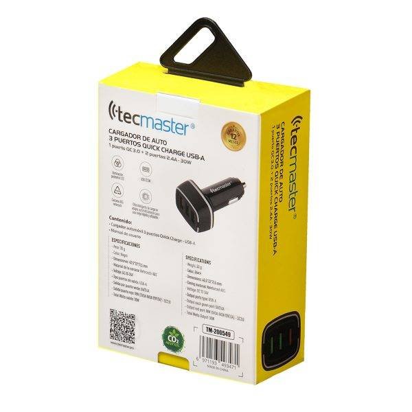 Cargador de auto 3 puertos q.c usb-a, 1 puerto qc3.0 + 2 puertos 2.4a, 30w, negro marca tecmaster - Imagen 5