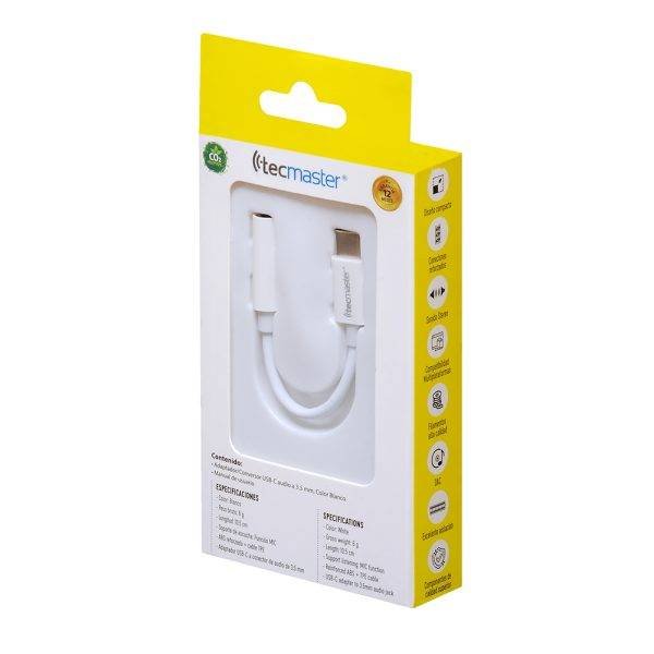 Adaptador conversor audio jack de 3.5mm a tipo-c, blanco Tecmaster - Imagen 4