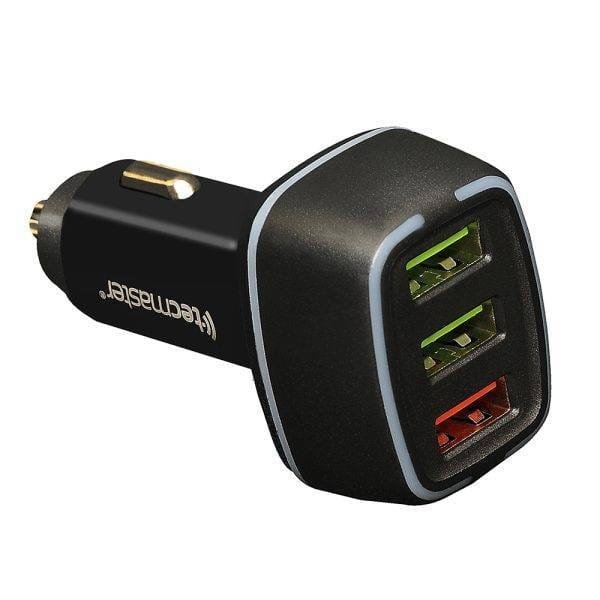 Cargador de auto 3 puertos q.c usb-a, 1 puerto qc3.0 + 2 puertos 2.4a, 30w, negro marca tecmaster - Imagen 2