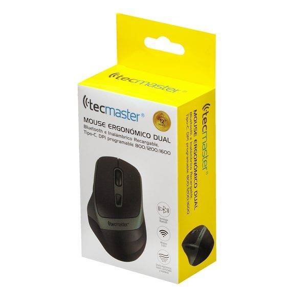 MOUSE TECMASTER ERGONÓMICO DUAL BLUETOOTH E INALÁMBRICO RECARGABLE, NEGRO/VERDE - Imagen 5
