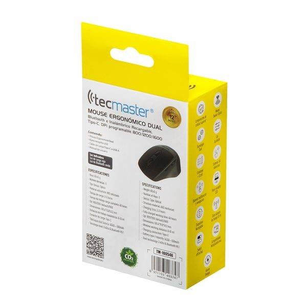 MOUSE TECMASTER ERGONÓMICO DUAL BLUETOOTH E INALÁMBRICO RECARGABLE, NEGRO/VERDE - Imagen 6
