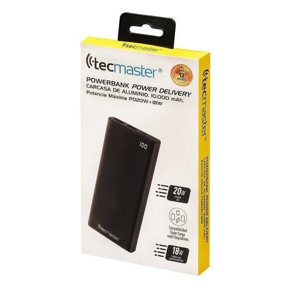 Powerbank pd Tecmaster, carcasa de aluminio, 10.000 mah, potencia máxima pd 20w+qc 18w máx, negro - Imagen 6