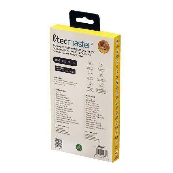 Powerbank pd Tecmaster, carcasa de aluminio, 10.000 mah, potencia máxima pd 20w+qc 18w máx, negro - Imagen 7