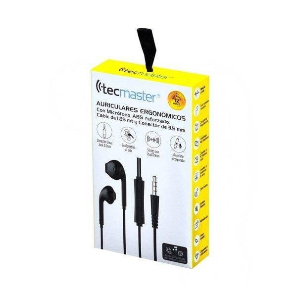 AURICULARES TECMASTER ERGONÓMICOS INTRAUDITIVOS, CABLEADOS DE 1,25 MT, JACK 3.5 MM, COLOR NEGRO - Imagen 4