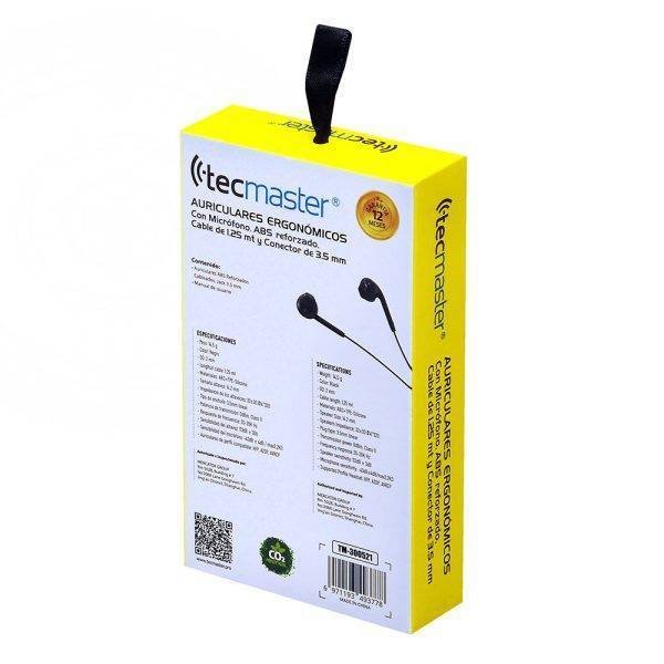 AURICULARES TECMASTER ERGONÓMICOS INTRAUDITIVOS, CABLEADOS DE 1,25 MT, JACK 3.5 MM, COLOR NEGRO - Imagen 5