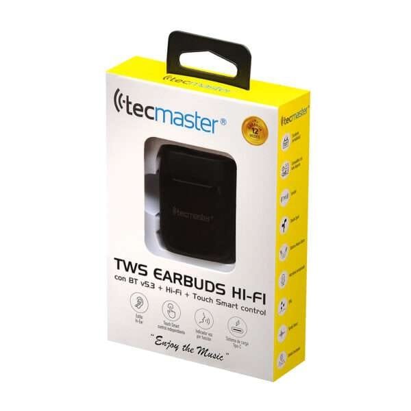 AUDÍFONO TECMASTER EARBUDS TWS – TIPO-C, BT INALÁMBRICO V5.3, HI-FI, TOUCH SMART CONTROL, COLOR NEGRO - Imagen 5