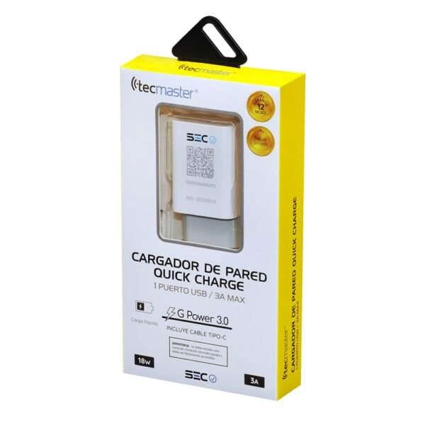 CARGADOR DE PARED QUICK CHARGE COLOR BLANCO TECMASTER - Imagen 4
