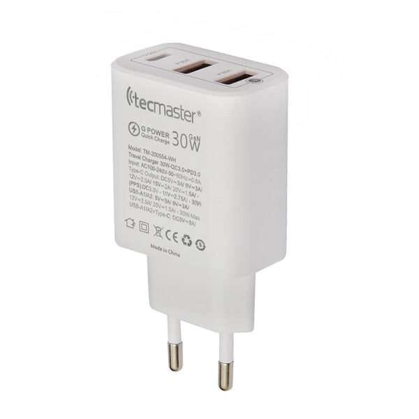 TECMASTER CARGADOR DE PARED FAST CHARGE 3 PUERTOS, 1PD3.0 + 2QC3.0 – 30W, BLANCO + CABLE TIPO-C a C - Imagen 2