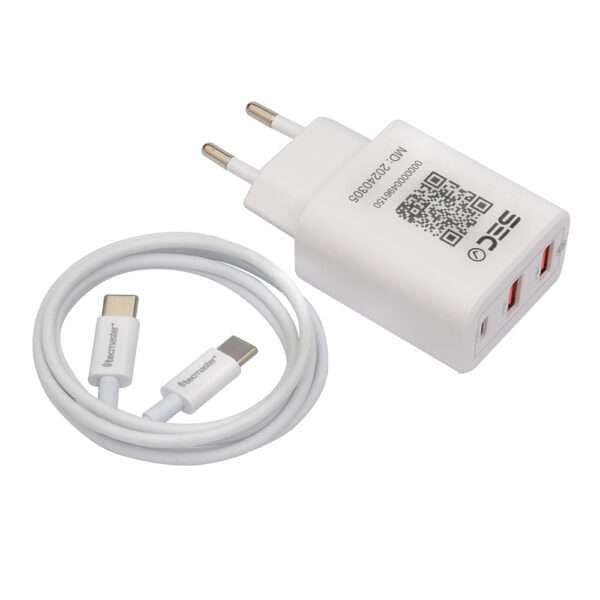 TECMASTER CARGADOR DE PARED FAST CHARGE 3 PUERTOS, 1PD3.0 + 2QC3.0 – 30W, BLANCO + CABLE TIPO-C a C - Imagen 3