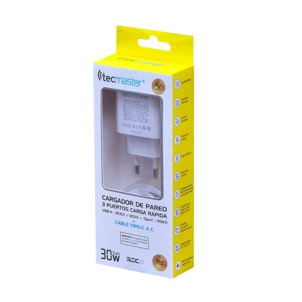 TECMASTER CARGADOR DE PARED FAST CHARGE 3 PUERTOS, 1PD3.0 + 2QC3.0 – 30W, BLANCO + CABLE TIPO-C a C - Imagen 4