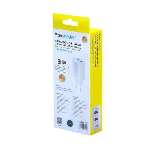TECMASTER CARGADOR DE PARED FAST CHARGE 3 PUERTOS, 1PD3.0 + 2QC3.0 – 30W, BLANCO + CABLE TIPO-C a C - Imagen 5