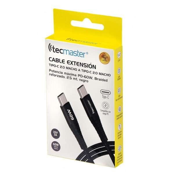 TECMASTER CABLE EXTENSION DE TIPO-C a C – 60W, 2.5 MT, NEGRO - Imagen 4