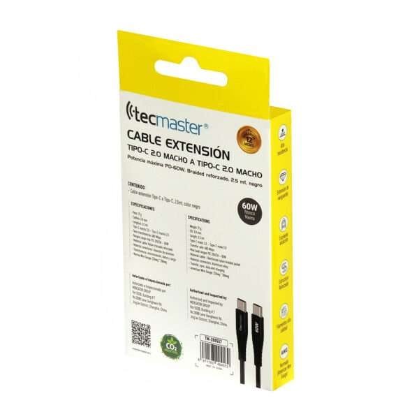 TECMASTER CABLE EXTENSION DE TIPO-C a C – 60W, 2.5 MT, NEGRO - Imagen 5