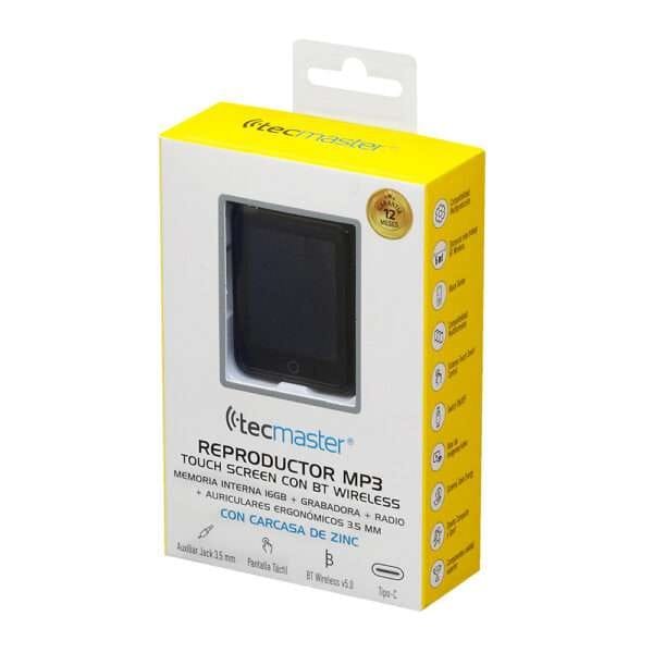 MP3 TECMASTER TOUCH SCREEN BLUETOOTH 16GB CON AUDÍFONO ERGONÓMICO JACK 3.5 MM, COLOR NEGRO - Imagen 4