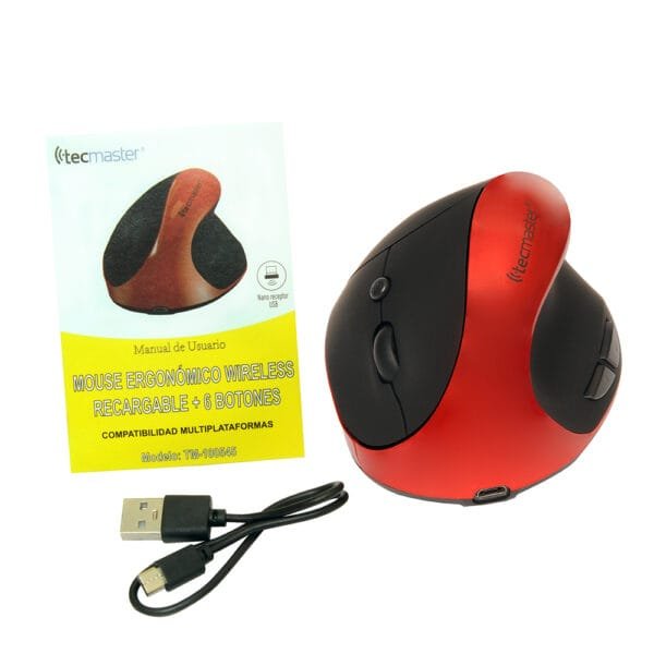 Mouse ergonómico inalámbrico recargable, negro/rojo - tecmaster - Imagen 4