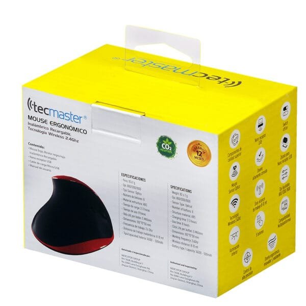 Mouse ergonómico inalámbrico recargable, negro/rojo - tecmaster - Imagen 6