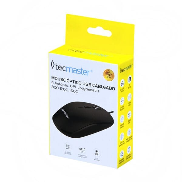 Mouse óptico usb cableado, 4 botones color negro, dpi programable 800/1200/1600 - Imagen 5