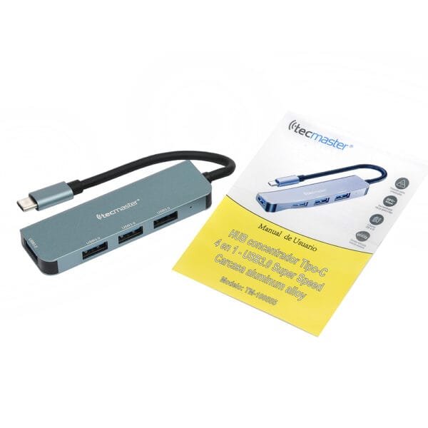 Hub concentrador 4 en 1 tecmaster, usb-a 3.0, cable tipo-c, carcasa aluminio, color gris - Imagen 3