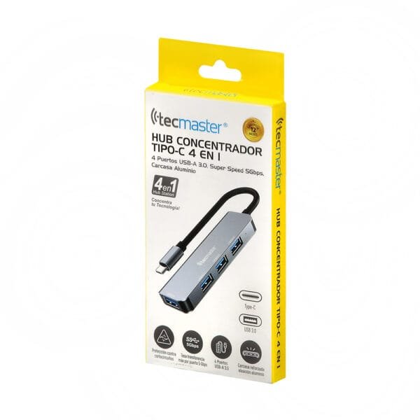 Hub concentrador 4 en 1 tecmaster, usb-a 3.0, cable tipo-c, carcasa aluminio, color gris - Imagen 4