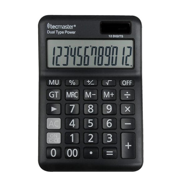 TECMASTER CALCULADORA CON PANEL SOLAR, 12 DÍGITOS, COLOR NEGRO