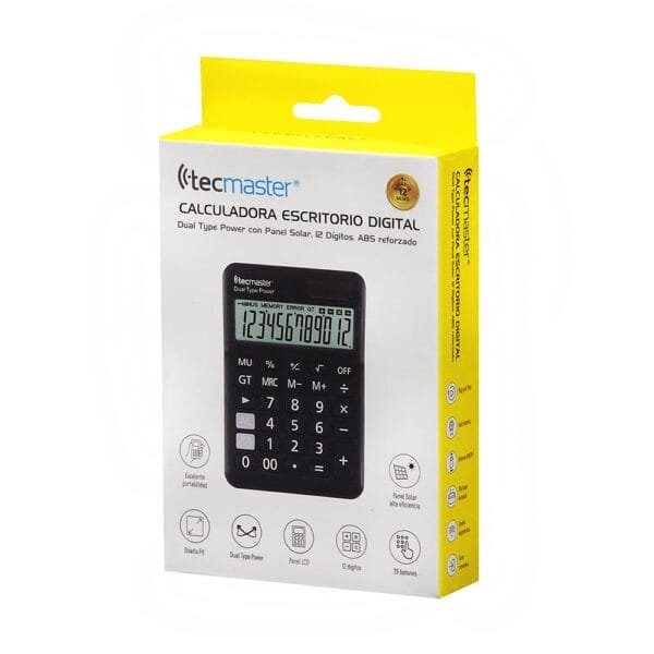 TECMASTER CALCULADORA CON PANEL SOLAR, 12 DÍGITOS, COLOR NEGRO - Imagen 5