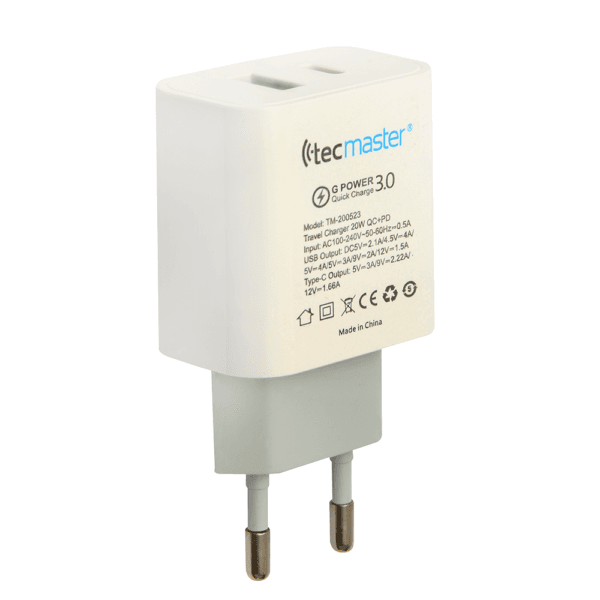 Cargador de viaje 1 puerto usb-a + 1 tipo-c marca Tecmaster