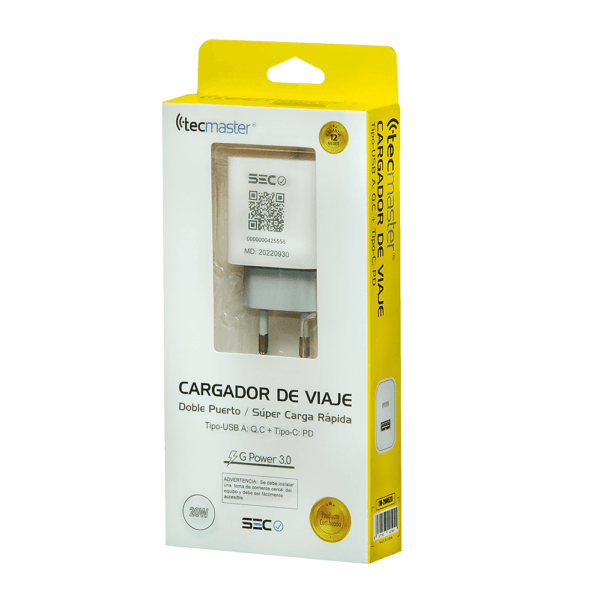 Cargador de viaje 1 puerto usb-a + 1 tipo-c marca Tecmaster - Imagen 4